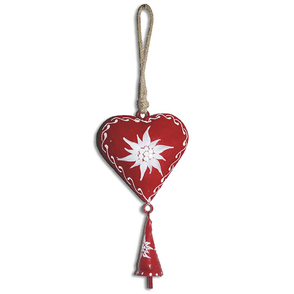 Bild 1 von Glücksglocke Herz rot mit Juteband Edelweiß 9x18x31cm
